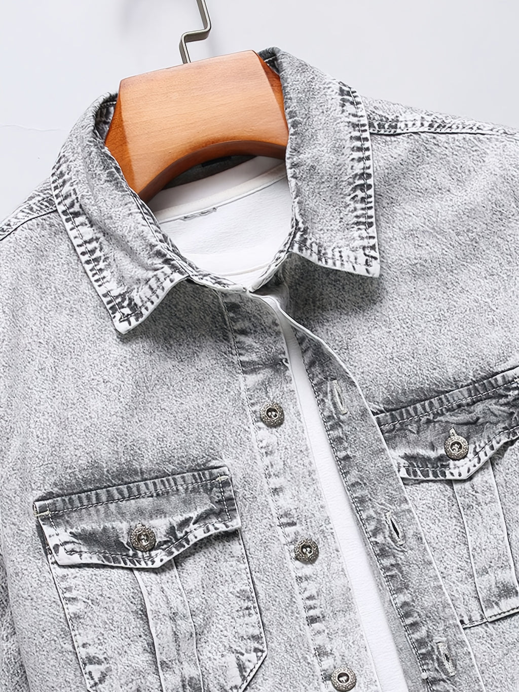 Men's Fashion Versatile Summer Non-Stretch Denim Short Sleeve Shirt Jacket in Off White Snowflake + Regular Wash Soft Process - Gray White Snowflake Color