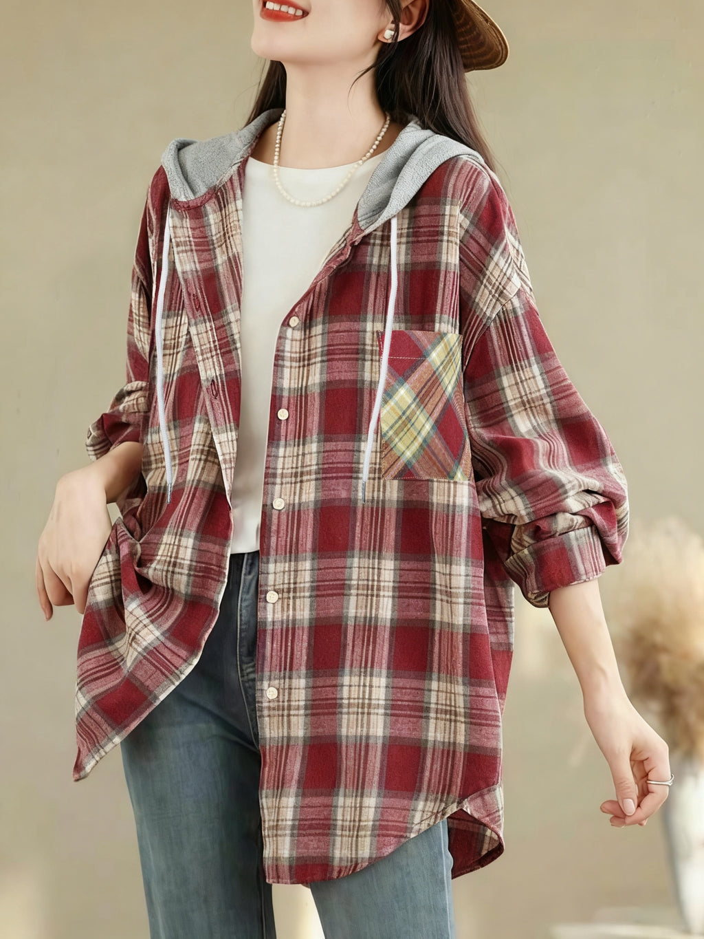 Women'S Casual Plaid Long Sleeve Hooded Shirt, Beautiful Twill Checkered Pattern, Hooded Design, Open Front Button-Up Shirt, Loose Fit, Perfect for Spring And Autumn Daily Outings, Outdoor Casual - Red check
