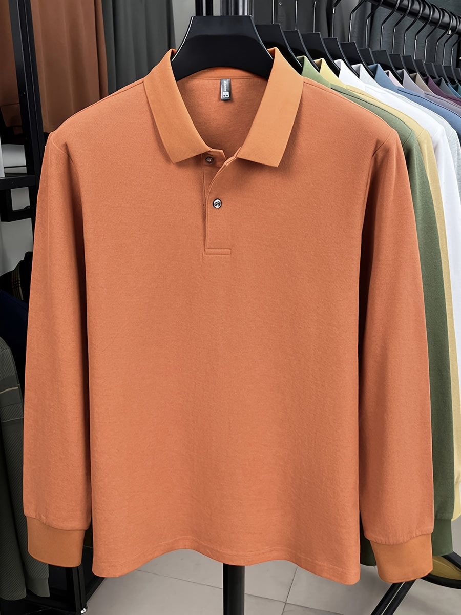 Spring and Autumn Men's Lapel Polo Shirt, Fashionable Solid Color Base Layer Top, Versatile Business Casual Long Sleeve T-Shirt, Suitable for Daily Work Scenes, The Best Gift for Friends and Relatives - Tangerine