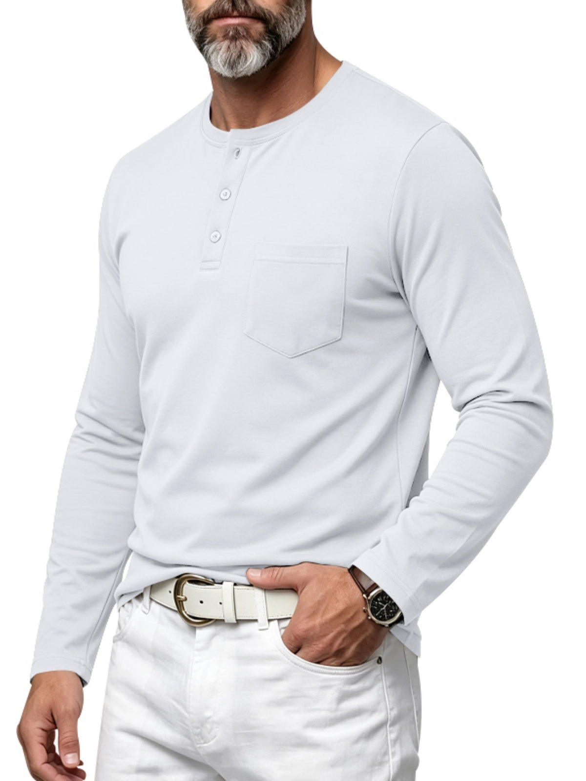 Vintage Men'S Henley Long Sleeve T-Shirt, Loose Stretch Lightweight Top with Pocket, Casual Daily Commute Shirts for All Seasons - White