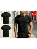 2pcs European and American Style Minimalist 100% Pure Cotton T-Shirt - Dark Gray Vintage Washed Effect - Regular Fit Top - Unisex Daily Streetwear Casual Shirt - Summer Comfort Style, Easy to Style, Distressed Design, Medium Stretch Fabric - Dark Gray