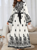 Elegant Long-Sleeved Dress for Women, Featuring a Middle Eastern Style, with a Belt, Made of Fabric, And Machine Washable - Multicolor