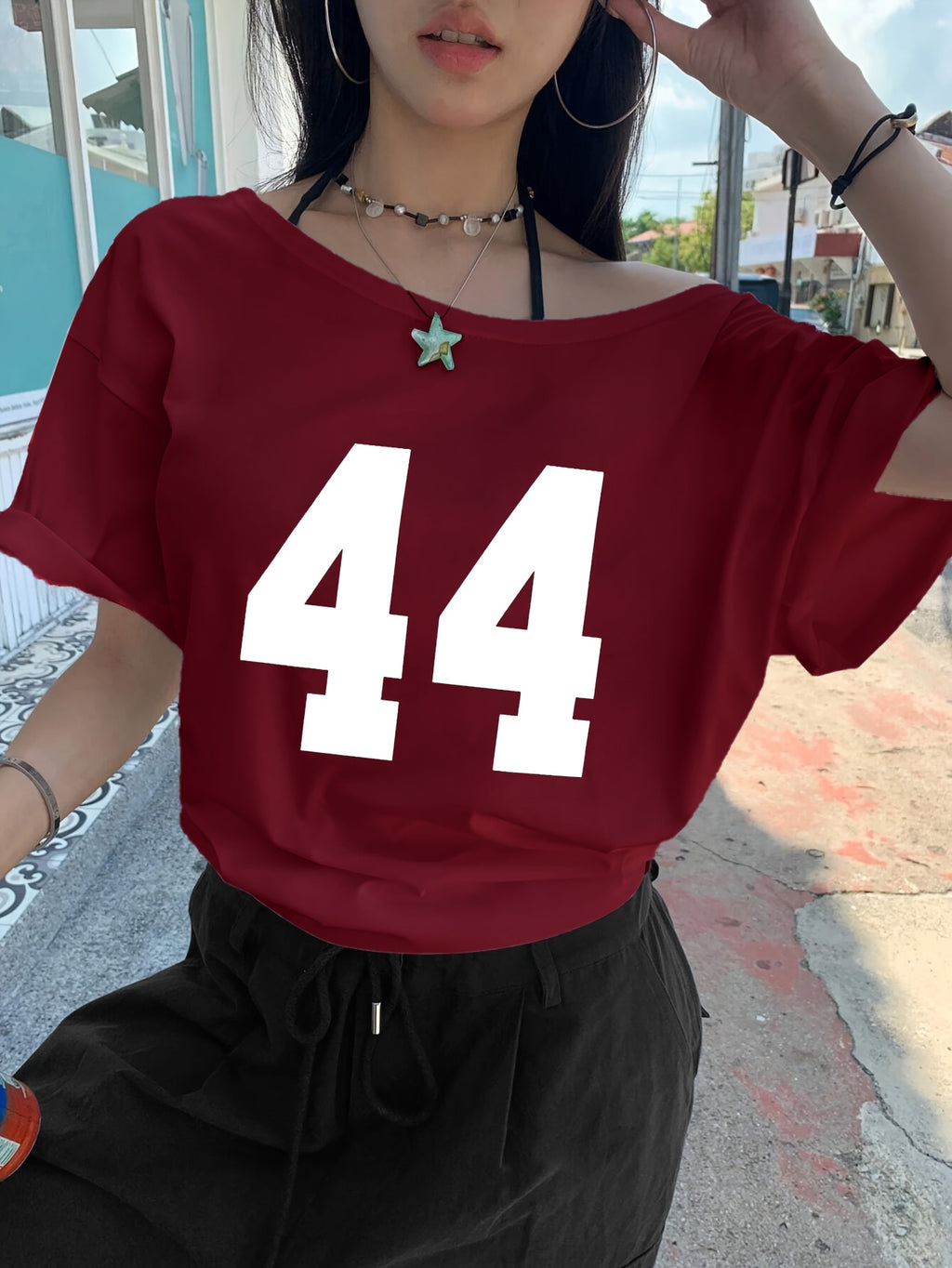 Women'S Casual Off-Shoulder Short Sleeve Number Print Pattern T-Shirt, Slouchy Casual Short Sleeve, Regular Loose Summer Short Sleeve Top - Burgundy