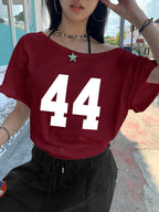 Women'S Casual Off-Shoulder Short Sleeve Number Print Pattern T-Shirt, Slouchy Casual Short Sleeve, Regular Loose Summer Short Sleeve Top - Burgundy