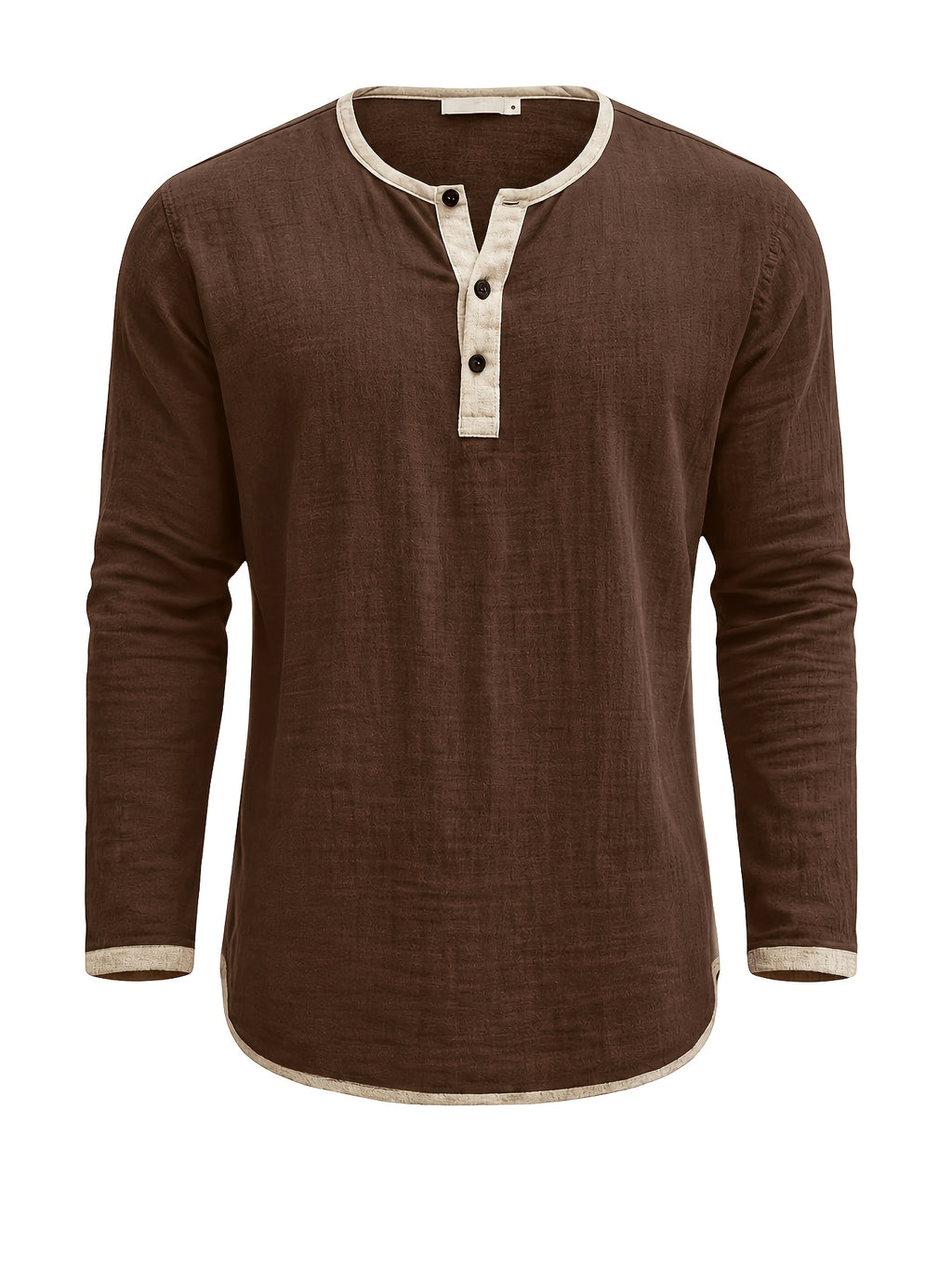 Men'S Retro Color Block Casual Henley Crewneck T-Shirt in Linen, Vintage T-Shirt for Men - Dark Brown