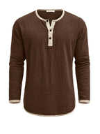 Men'S Retro Color Block Casual Henley Crewneck T-Shirt in Linen, Vintage T-Shirt for Men - Dark Brown