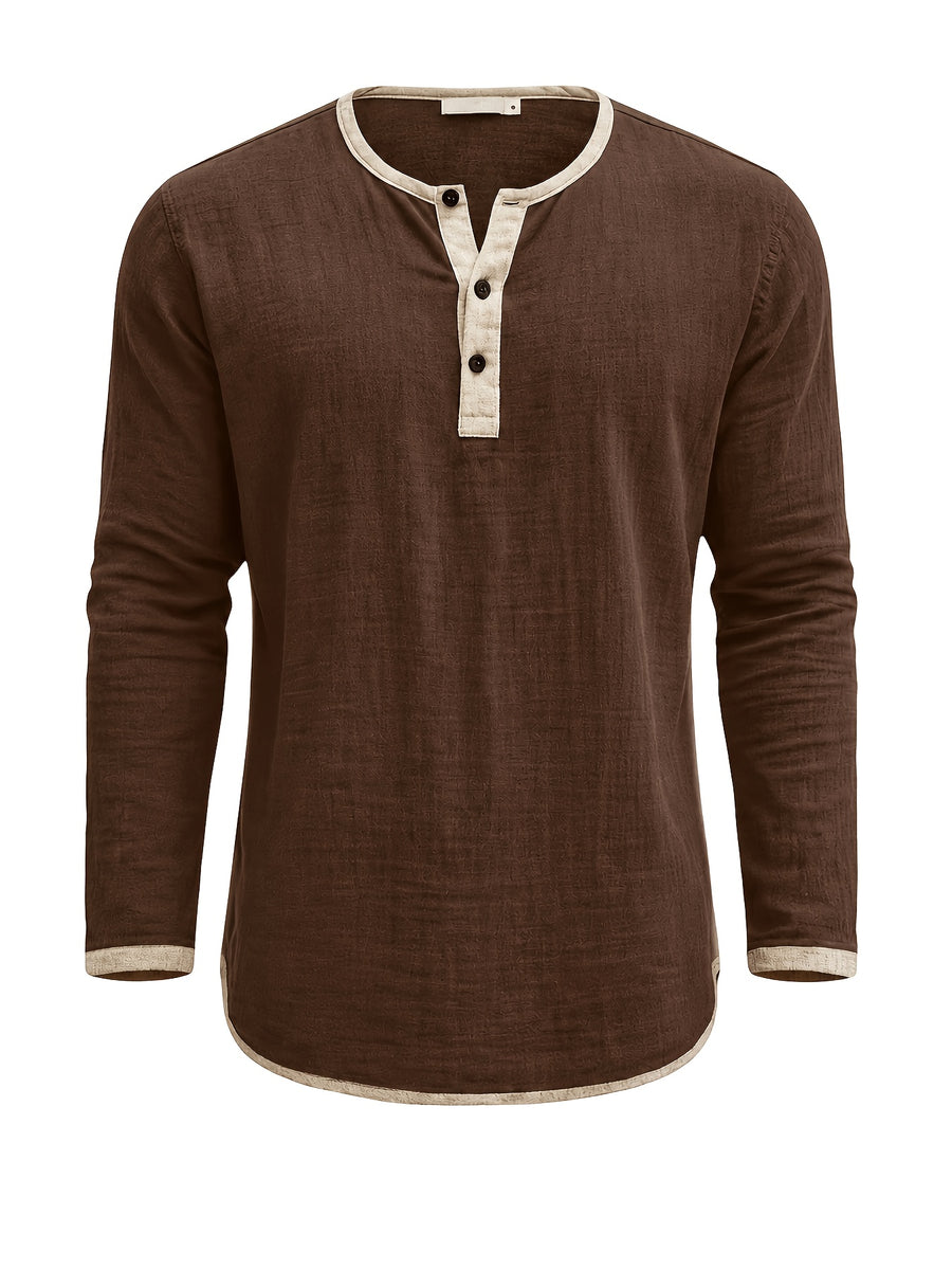 Men'S Retro Color Block Casual Henley Crewneck T-Shirt in Linen, Vintage T-Shirt for Men - Dark Brown