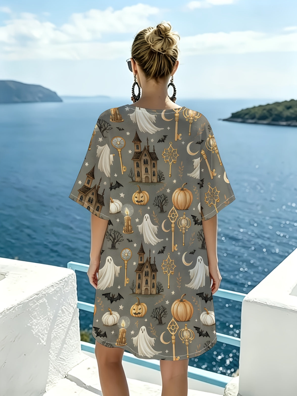 Retro Light Luxury V-Neck Short Sleeve Dress, Castle Ghost Pumpkin Dark Print, Relaxed Loose Cut, Good Drape Breathable Fabric, Atmospheric Holiday Wear, Vacation Travel, Themed Parties, Premium And Relaxed Top - Mixed colors