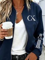 2026 Fashionable Individual Round Neck Design Women'S New Jacket Coat Carnival Letter Pattern Printed Top Casual Open Front Zippered Jacket, Circle - Navy Color