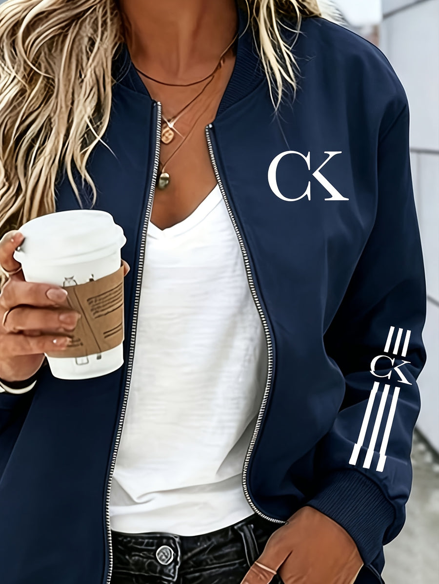 2026 Fashionable Individual Round Neck Design Women'S New Jacket Coat Carnival Letter Pattern Printed Top Casual Open Front Zippered Jacket, Circle - Navy Color