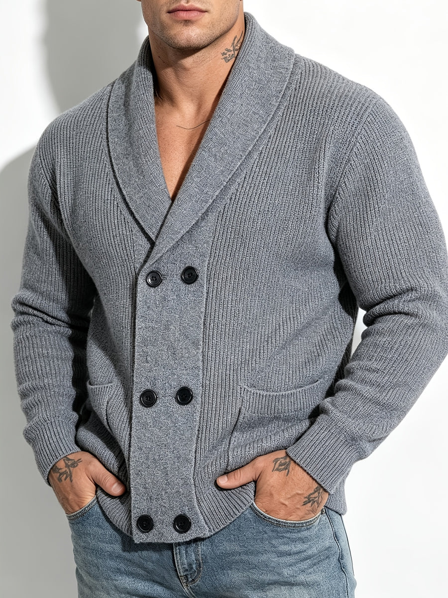 American Casual Men'S Polo Collar Knit Cardigan Heavy Ribbed Fabric Double-Breasted Loose All-Match Long-Sleeve Jacket - 10531-26310 Gray