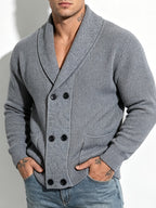 American Casual Men'S Polo Collar Knit Cardigan Heavy Ribbed Fabric Double-Breasted Loose All-Match Long-Sleeve Jacket - 10531-26310 Gray