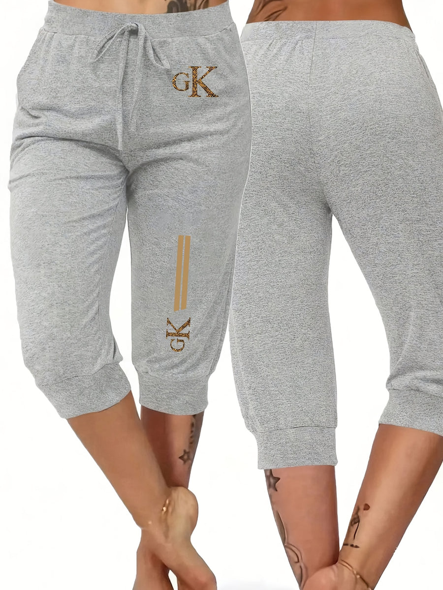 Summer Women'S Golden Geometric Pattern Letter Print Ankle-Cinching Sweatpants, High-Waist Drawstring Casual Bermuda Shorts - Light Grey