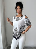 Women's Elegant Asymmetrical Hem Blouse Top - Short Sleeve Round Neck Church Shirt with Asymmetrical Hemline, Black & White Print Suitable for Commuting, Church Events, Casual Outfits, Spring Summer Fall Wardrobe Essential - Black And White