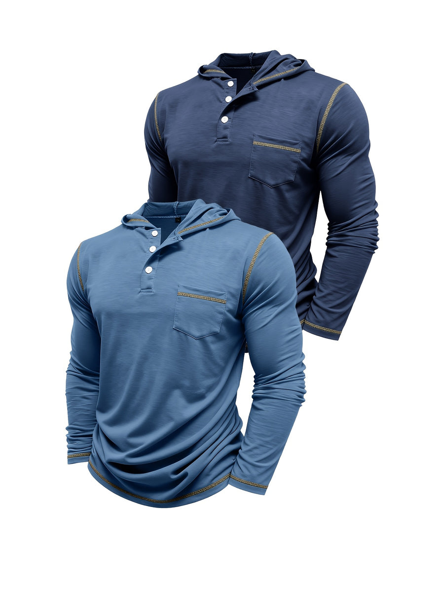 Autumn Men's Hooded Long Sleeved T-shirt Men's Henry Shirt Sunscreen and Shading Keep Warm and Cool Essential for Autumn and Winter 2pcs Set for - Royal Blue with Blue