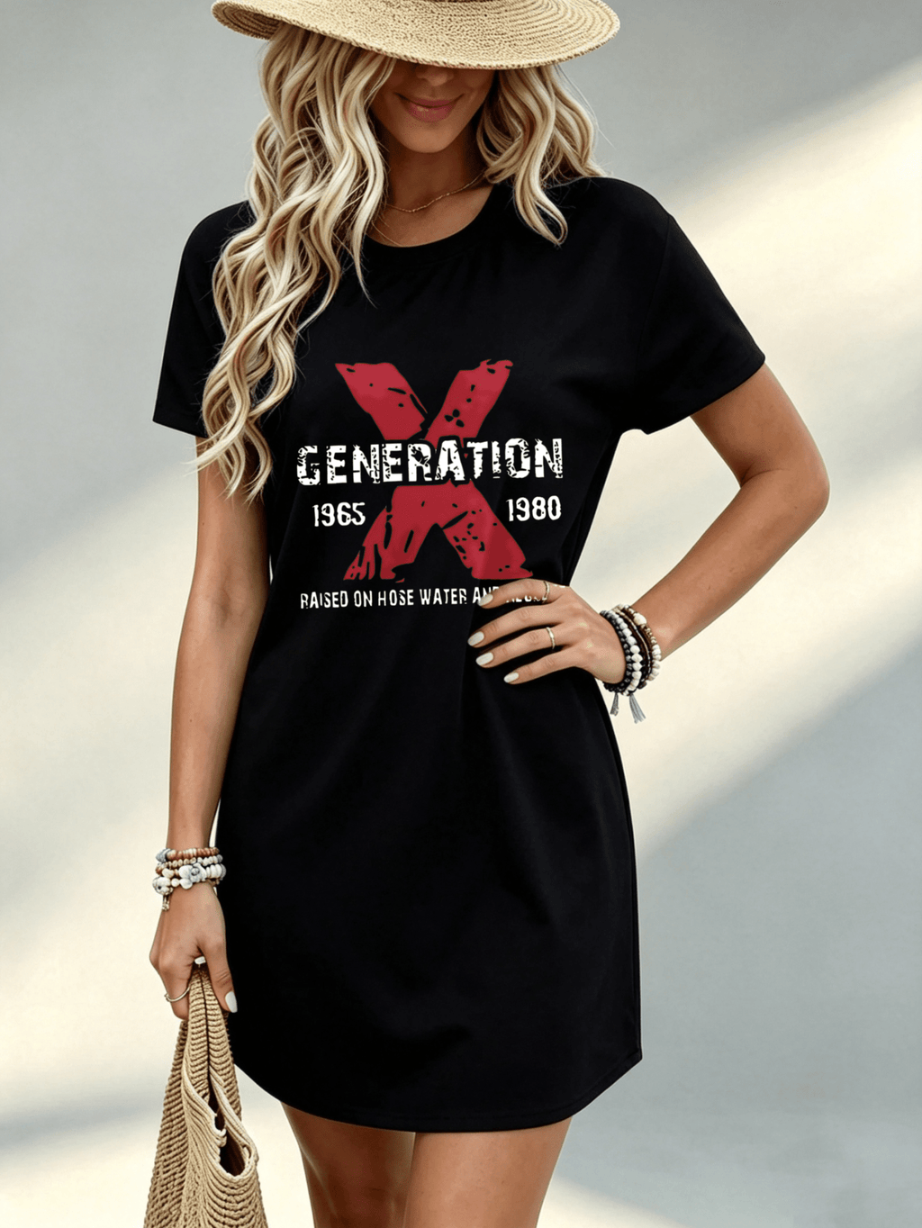 [Printed Design - Not Textured] Casual, Women Dress, Generation X 1965 1980 Raised On Hose Water And Neglect Graphic, Summer Beach Vacation, for Mom Or Friend, 100% Polyester - Black