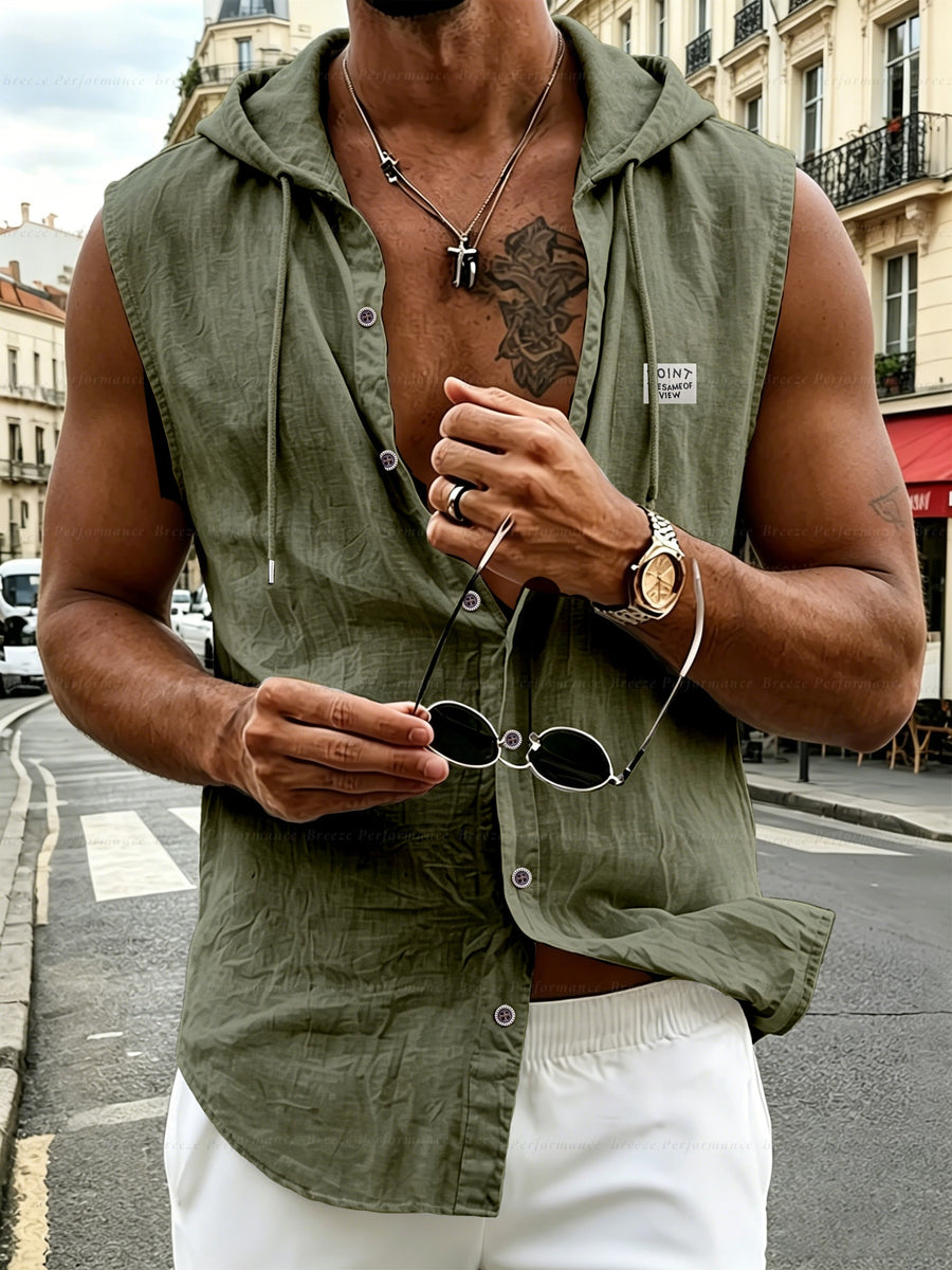 Pearson OBM Men's Sleeveless Hooded Shirt, Upgraded Textured Comfortable and Breathable Fabric Hooded Vest, Men's Linen Fashion Hoodie, Summer Top Casual and Lightweight with Button and Drawstring, Suitable for Outdoor Activities, Beach, and Coast - MT Army Green