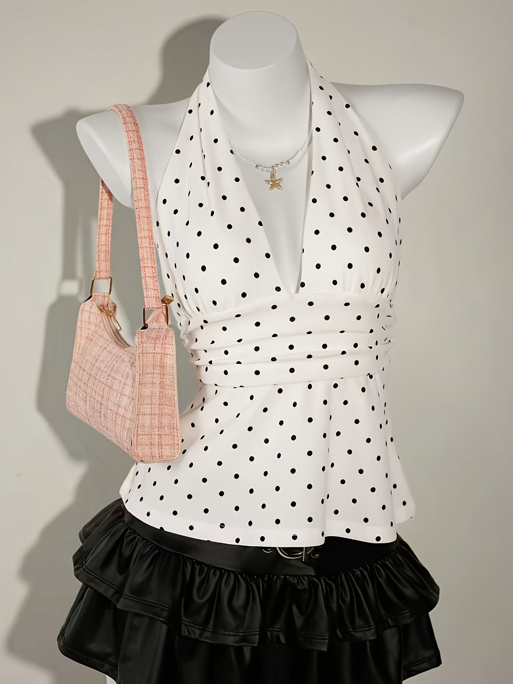 Women's Low-Neck Pleated Halter Neck Bow Backless Polka Dot Tank Top - White