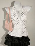 Women's Low-Neck Pleated Halter Neck Bow Backless Polka Dot Tank Top - White