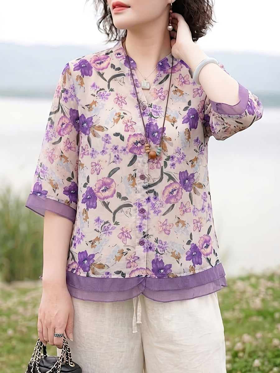 Women'S Printed Stand-Up Collar Mid-Sleeve Shirt, Spring And Summer Casual Versatile Cardigan Top - Purple