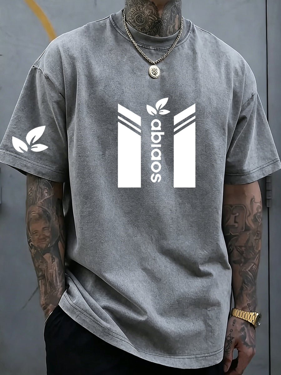 Men's New Arrival Washed Casual Art Letter Print T-Shirt - Geometric Pattern Retro Washed Vintage Short Sleeve Round Neck T-Shirt, Suitable for Everyday Versatile Retro Style, Men's Wear - Silvery Grey