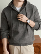 Men'S Hooded Henley Knit Pullover Sweater, Half-Button Drawstring Long Sleeve Ash Gray Solid Color Sweater, Soft Warm Regular Fit Casual Top, Men'S Commute Fall Winter Wear - Deep Gray