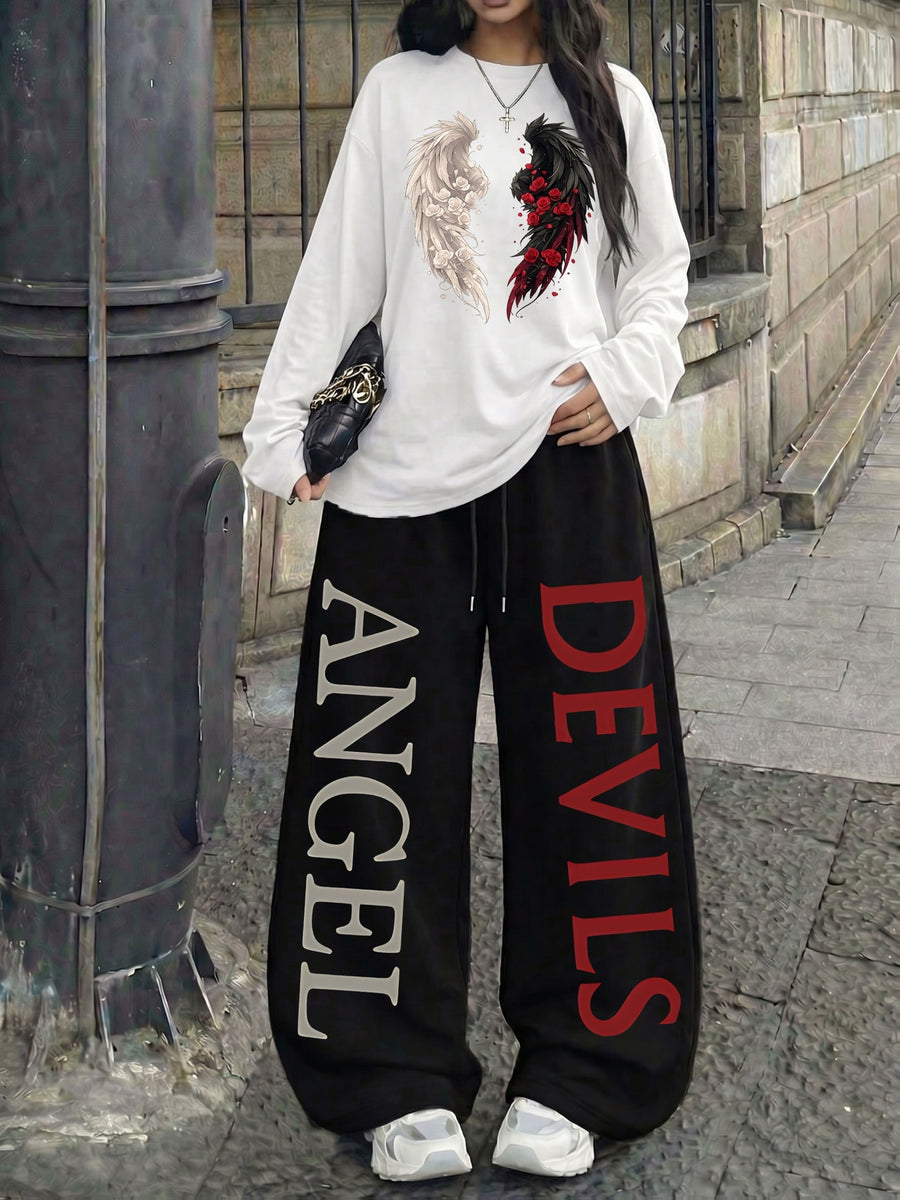 Retro Trendy Half-Wing Print 2pcs Set Women'S Casual Street Long Sleeve And Long Pants Suit, Suitable for Street Hot, American Baseball Jersey Sport Street Fashion - White+black