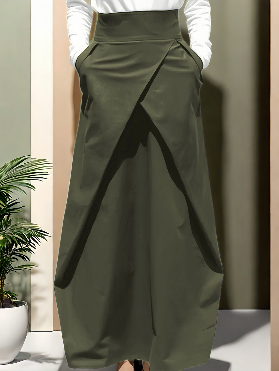 Ladies' Elegant High-Waisted Solid Color Skirt with Elastic Waistband and Pockets - Versatile Midi Summer Dress, Machine Washable, Suitable for Holiday Casual or Office Wear - Beach Outing - Opaque Material - fern green