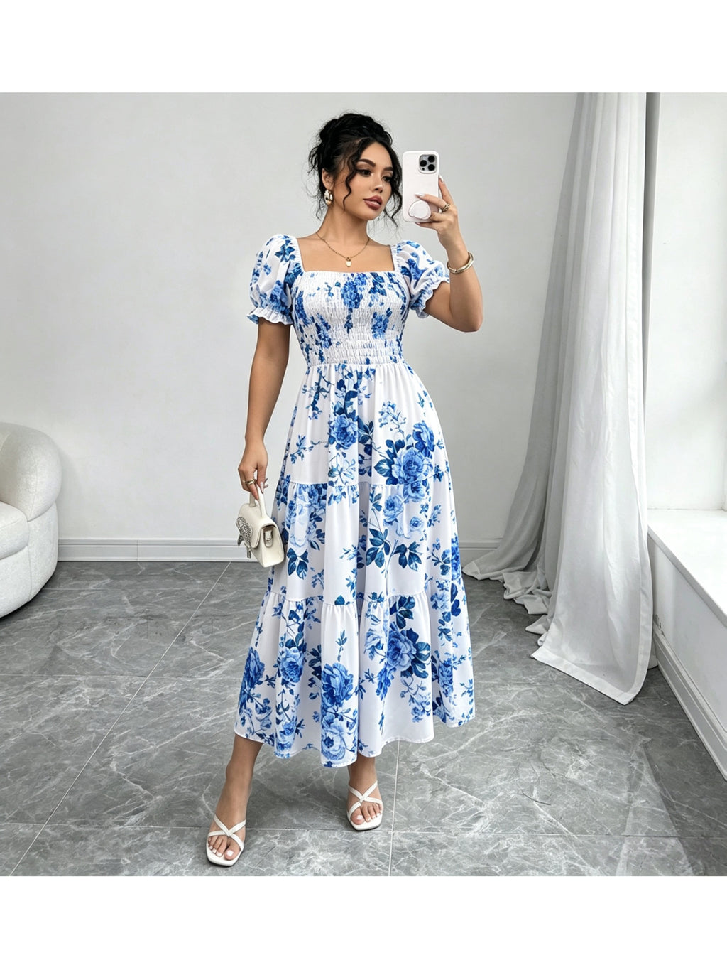 Women'S Ruched Square Neck Short Sleeve Ruffled Hem Dress with Ditsy Floral Print, Suitable for Casual, Work, Travel, Beach, Bohemian, Western, Music Festival, Countryside Style - Blue Flower Pattern