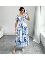 Women'S Ruched Square Neck Short Sleeve Ruffled Hem Dress with Ditsy Floral Print, Suitable for Casual, Work, Travel, Beach, Bohemian, Western, Music Festival, Countryside Style - Blue Flower Pattern