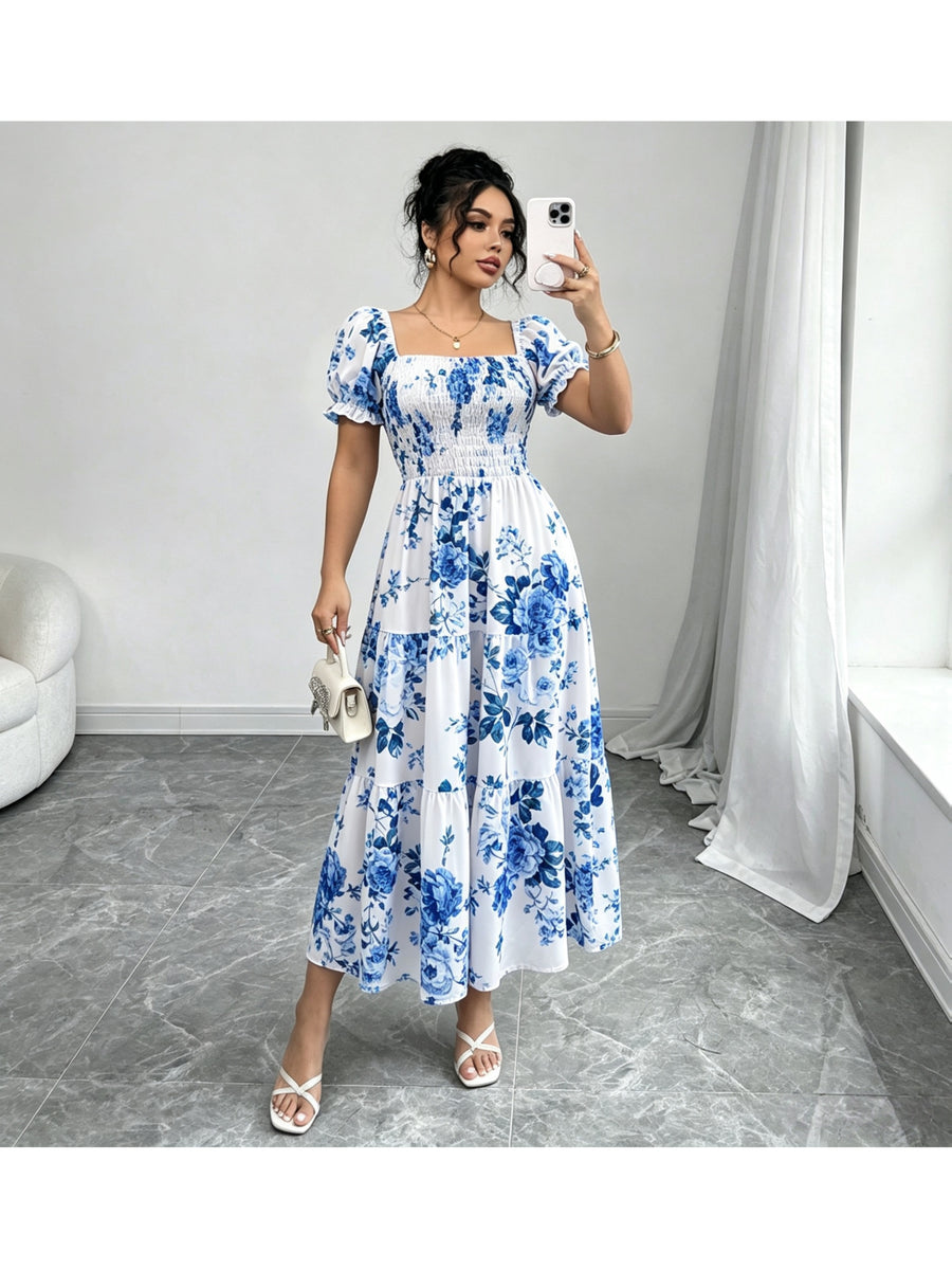 Women'S Ruched Square Neck Short Sleeve Ruffled Hem Dress with Ditsy Floral Print, Suitable for Casual, Work, Travel, Beach, Bohemian, Western, Music Festival, Countryside Style - Blue Flower Pattern