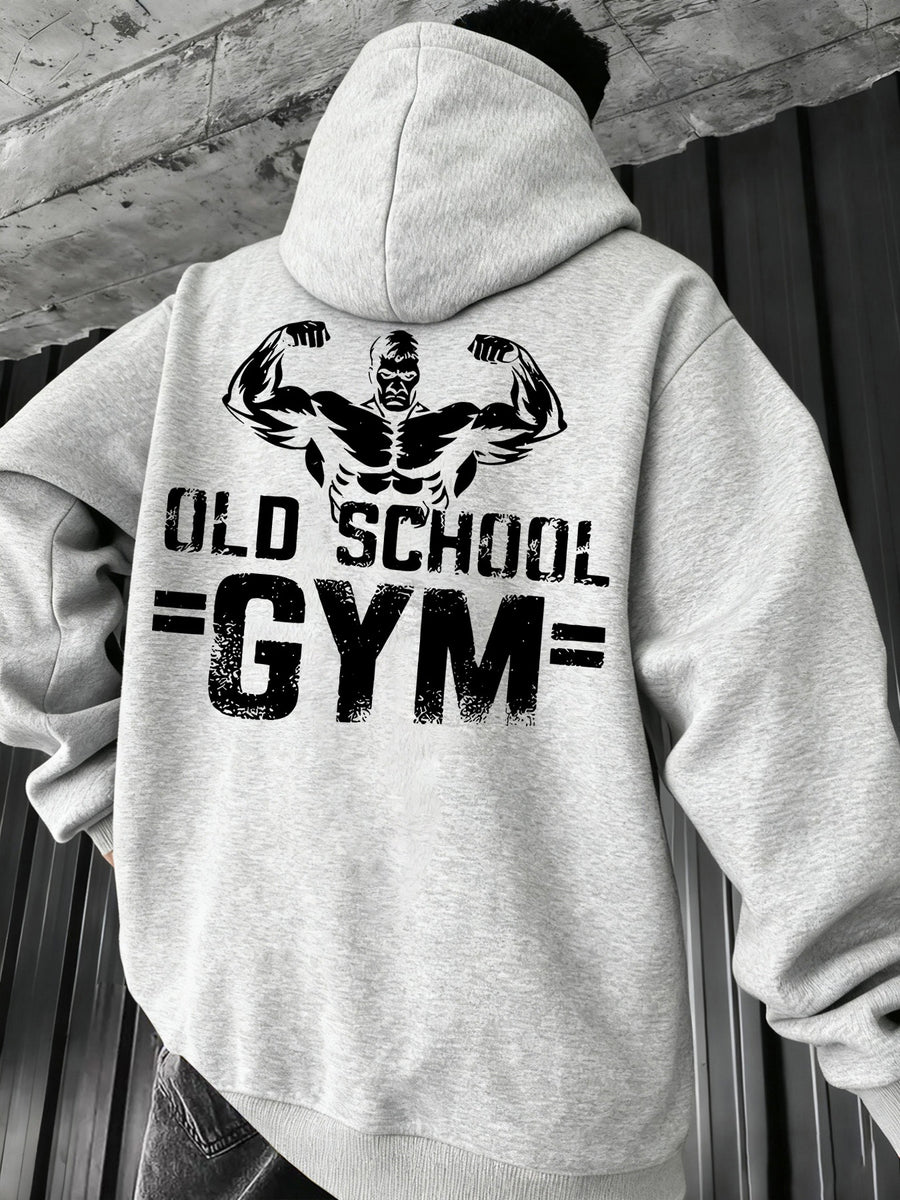 Men's Casual Sweatshirt with Letter Print, Drawstring Hood, Long Sleeve Pullover with Pocket - Light Grey