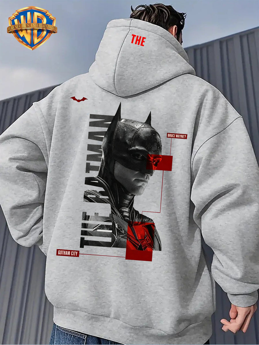 Warner Men'S Autumn Winter Hoodie, Batman Theme Print Trendy Sweatshirt, Gotham City Series Athletic Preppy Design, Unisex Street Fashion Item for Casual Wear And Leisure Travel, Popular Element Enhancement - Light Grey