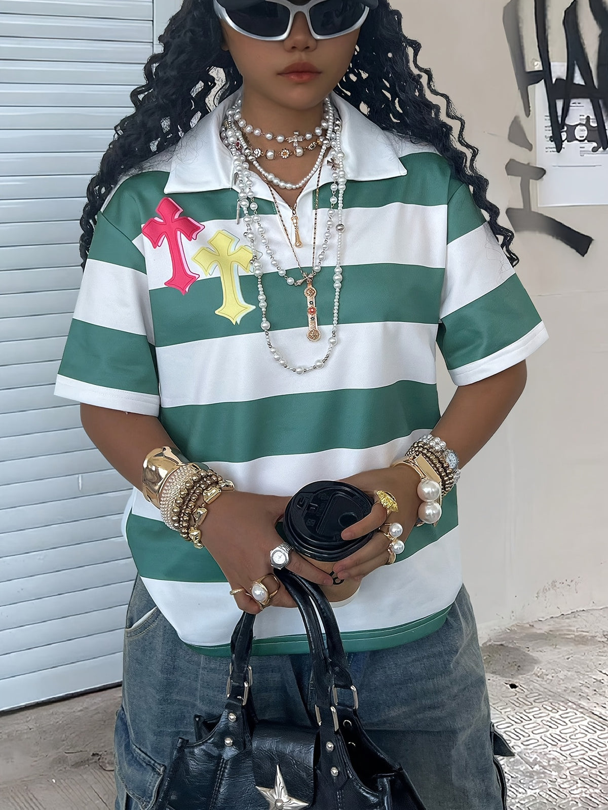 1pc Summer College Style Lapel Short Sleeve T-Shirt Women, Trendy Retro Number 23 Print Contrast Color Patchwork Design Casual Top, Streetwear Essential - White Green 2