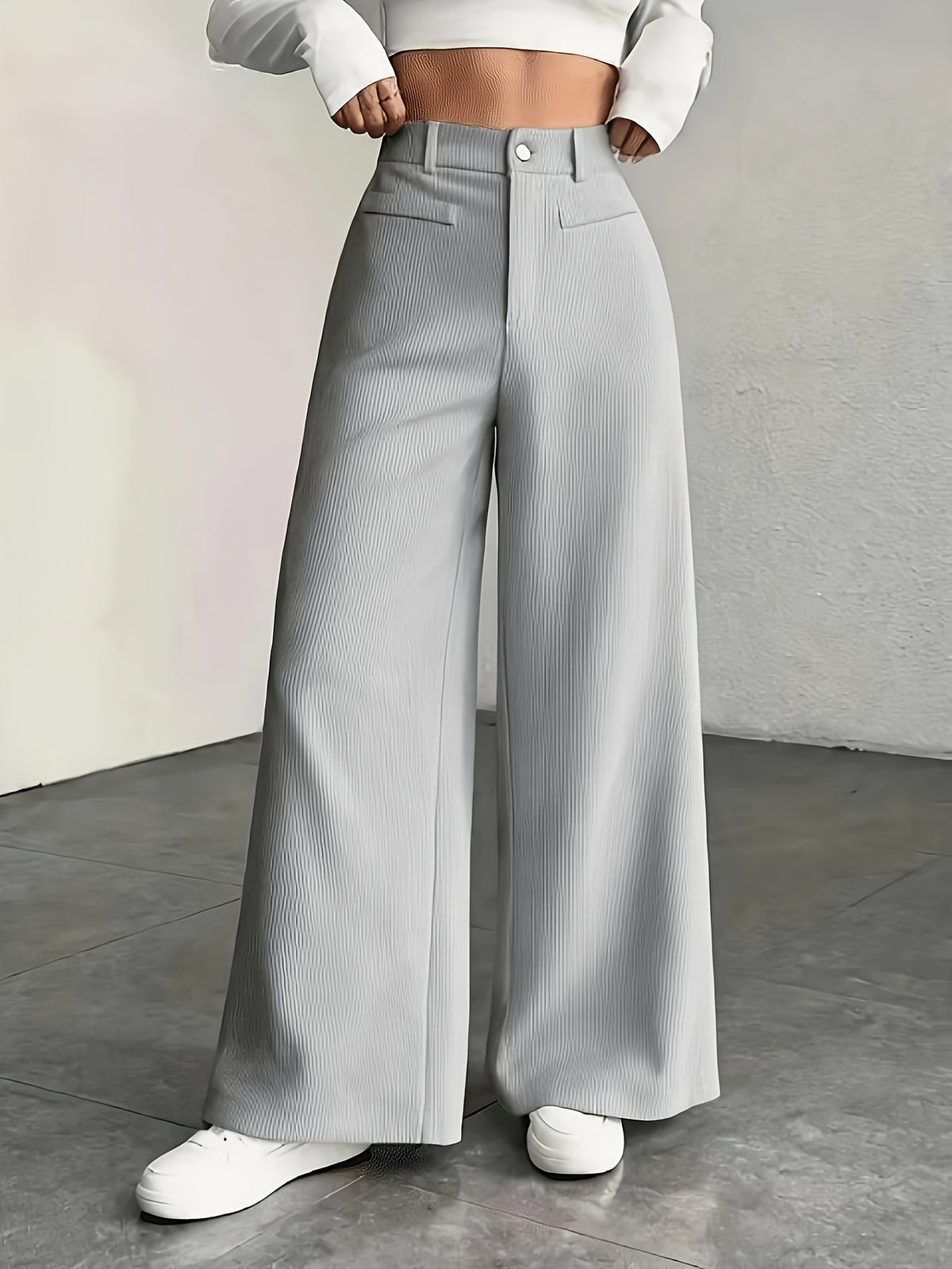Fashionable And Elegant Women'S High-Waisted Wide-Leg Pants, Corduroy Texture Casual Trousers, Suitable for 4 Seasons - Space Gray
