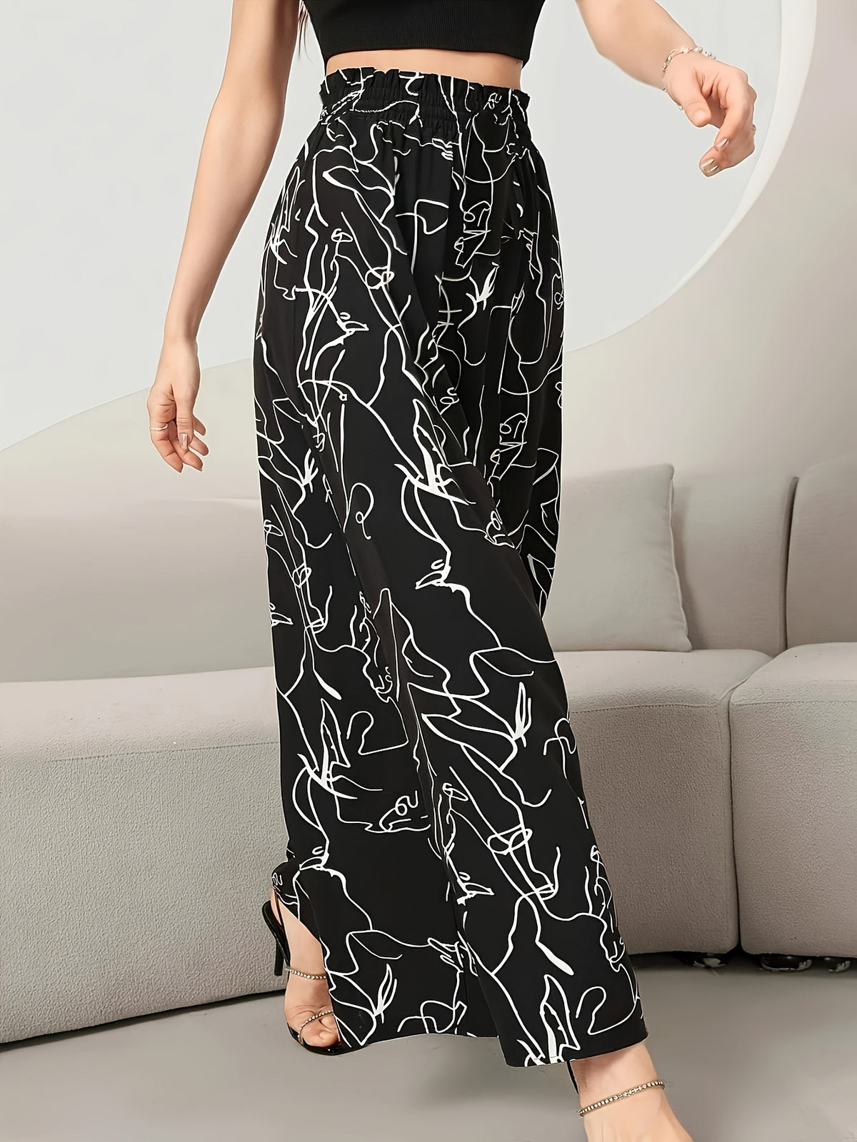Women's Elegant Wide-Leg Pants - High Waist, Abstract Print, Machine Washable - Suitable for Spring/Summer Fashion, Casual Elegance | Wide-Leg Pants | Elastic Waistband - Black