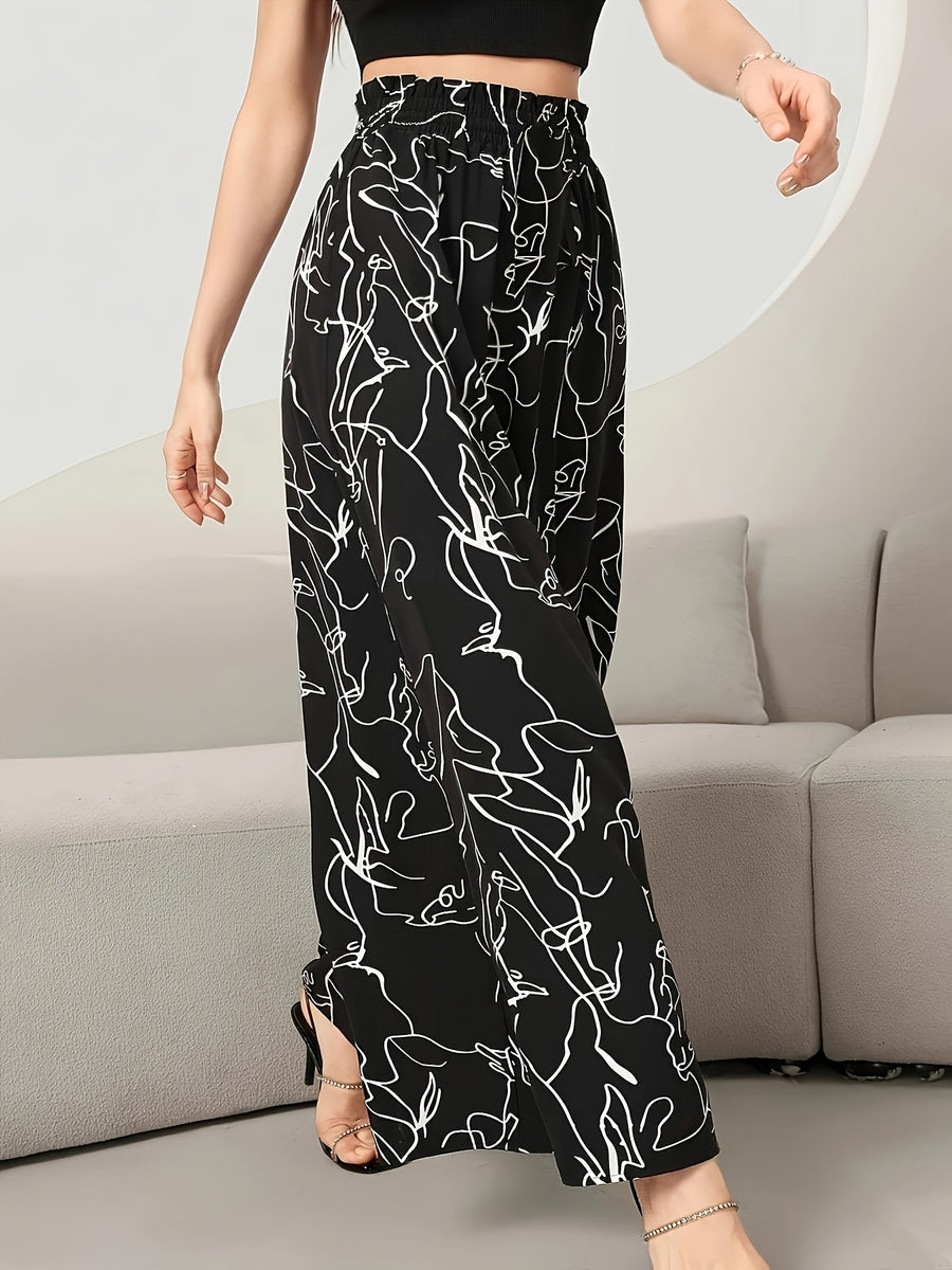 Women's Elegant Wide-Leg Pants - High Waist, Abstract Print, Machine Washable - Suitable for Spring/Summer Fashion, Casual Elegance | Wide-Leg Pants | Elastic Waistband - Black