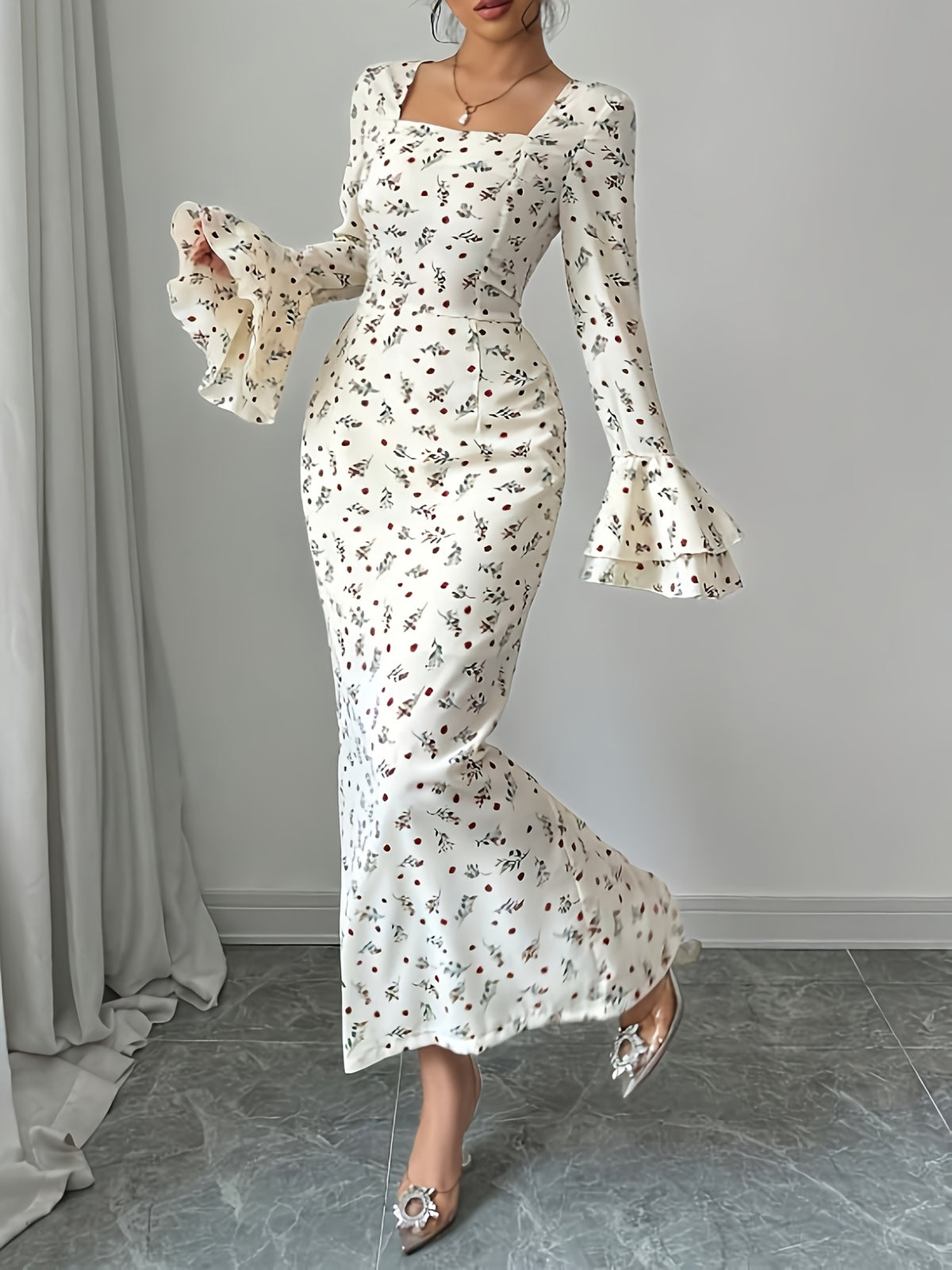 The White Base with Small Floral Print in a Gentle and Fresh Color Scheme, Paired with Double-layer Flared Sleeves, Is the Soul of This Garment, Highlighting a French-style Rustic Elegance. Perfect for Daily Dates, Afternoon Tea, or Light Business - Multicolor