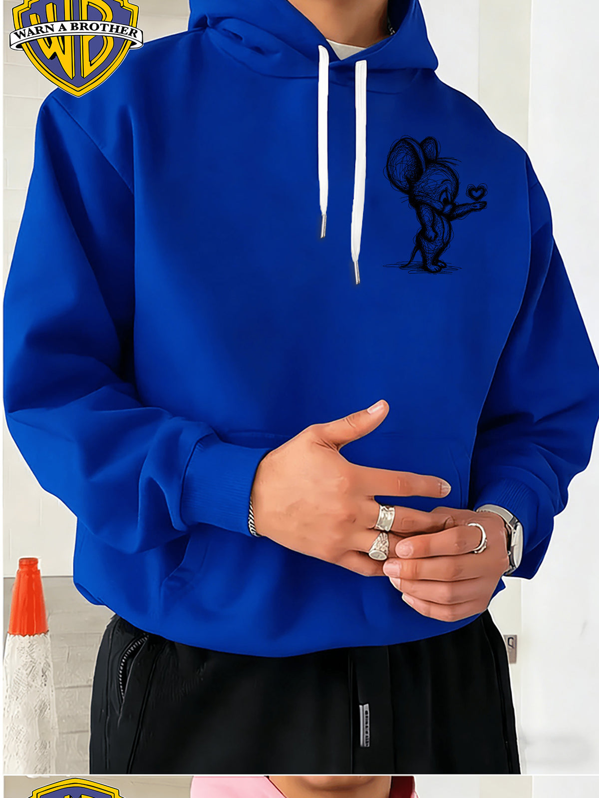 Official Warner Bros., Trendy Cool American Street Style Classic Character Theme Print Hoodie, American Street Style Unisex Long Sleeve Top, Suitable for Daily And Outdoor Activities, Ideal Warm Outerwear Choice for Autumn And Winter! - Blue