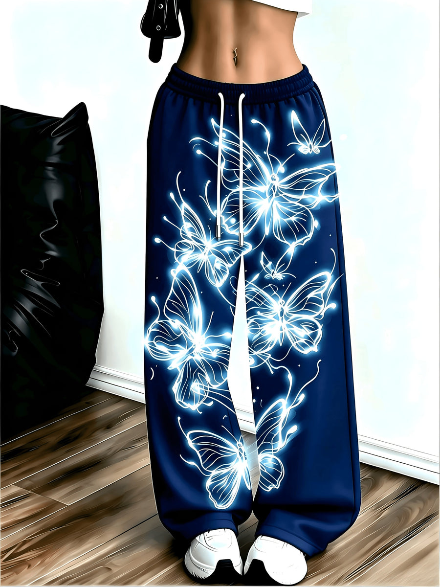 Women's Neon Butterfly Glow-in-the-dark Pattern Jogging Pants with Pockets, Elastic Waistband, and Straight-leg Design - Navy blue color