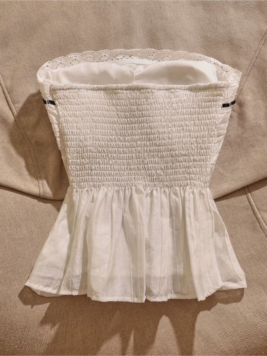 Women'S Spring Summer Strapless Top with Lace Trim Black Ribbon Bow Fashion Top - Ivory White