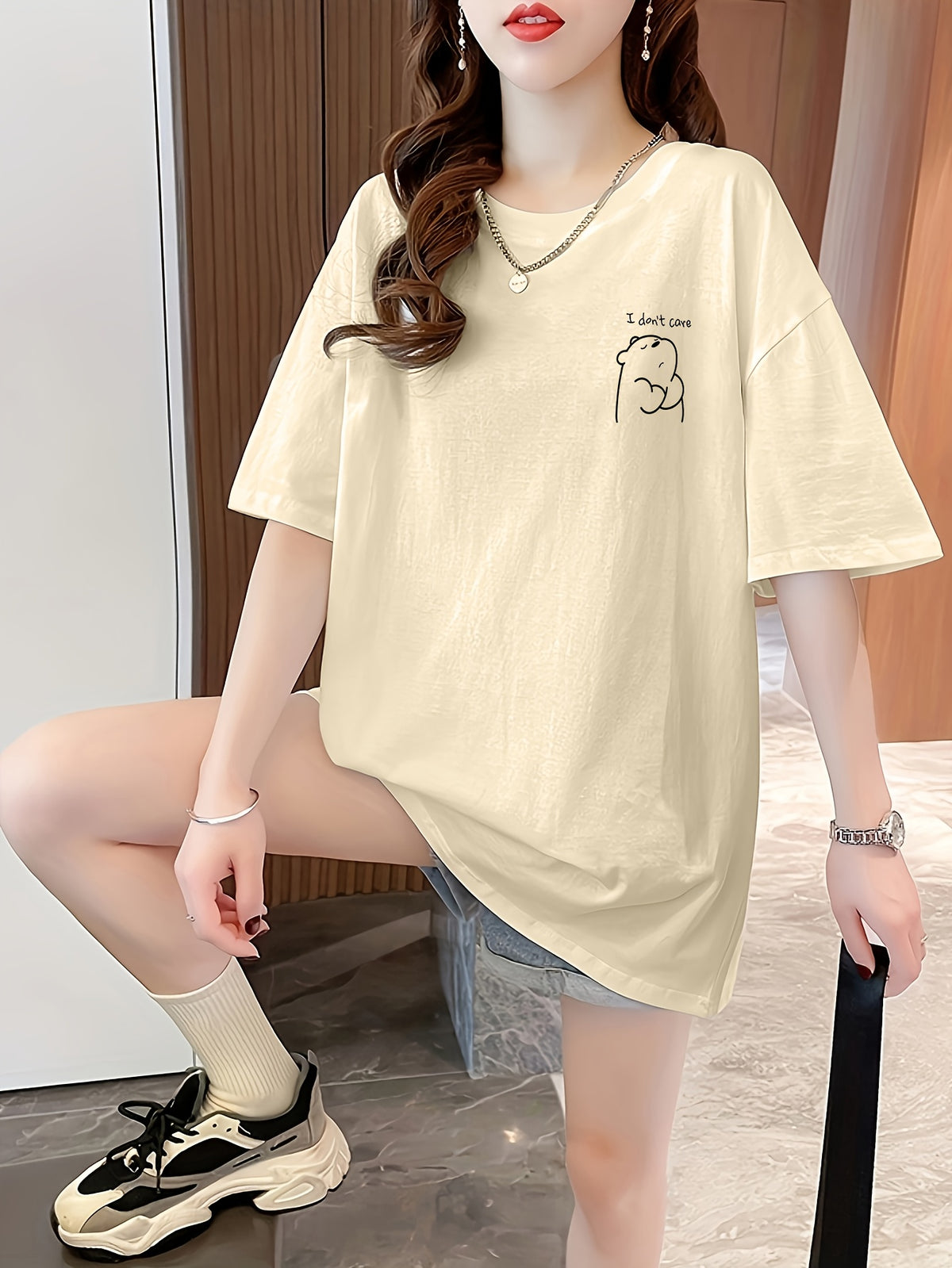 Women's Short-Sleeve T-Shirt, Summer Designer Cartoon Print Short-Sleeve T-Shirt, Pure Short-Sleeve T-Shirt Top, Base Layer Top #3333 - Apricot