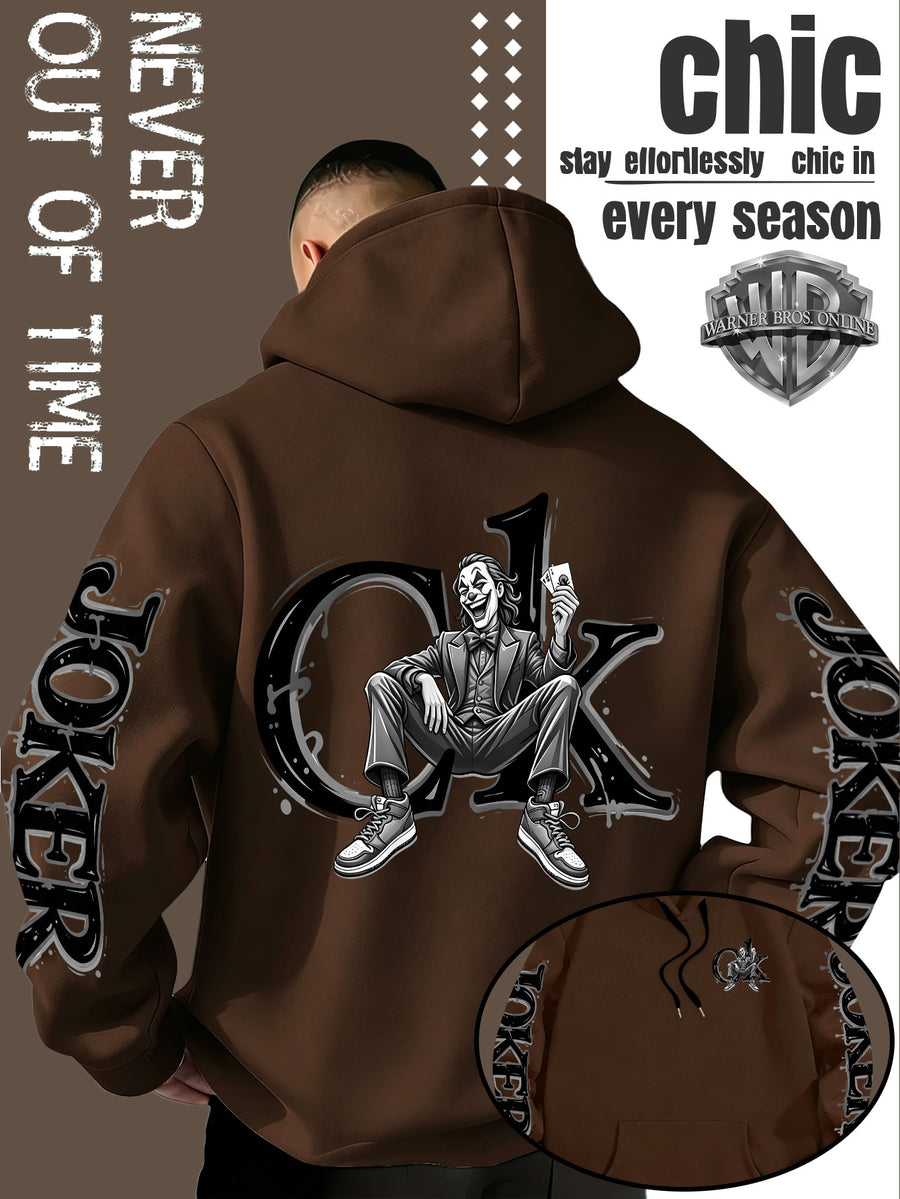 Men'S Hooded Sweatshirt, Western Trendy Cool Black And White Sketch Joker Theme Print, Sleeves with Same Series Splatter Art Lettering, Breathable And Skin-Friendly Fabric, Showcasing ' Fashion Sense, Ideal Gift for Holidays And Birthdays - Coffee Color