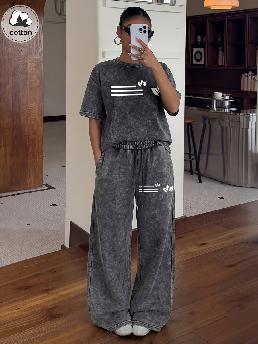 Women's Casual 2pcs Set: Washed Leaf Stripe Print Short Sleeve T-Shirt + Elastic Waist Wide-Leg Pants, Loose Fit Casual Sportswear Set, Street Style Daily Outfit - Black+black