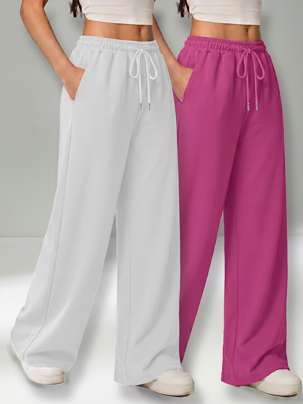 Autumn and Winter High-Waisted Casual Versatile Pants, Elastic Waist Loose Wide-Leg Pants 2pcs Set - White+pink