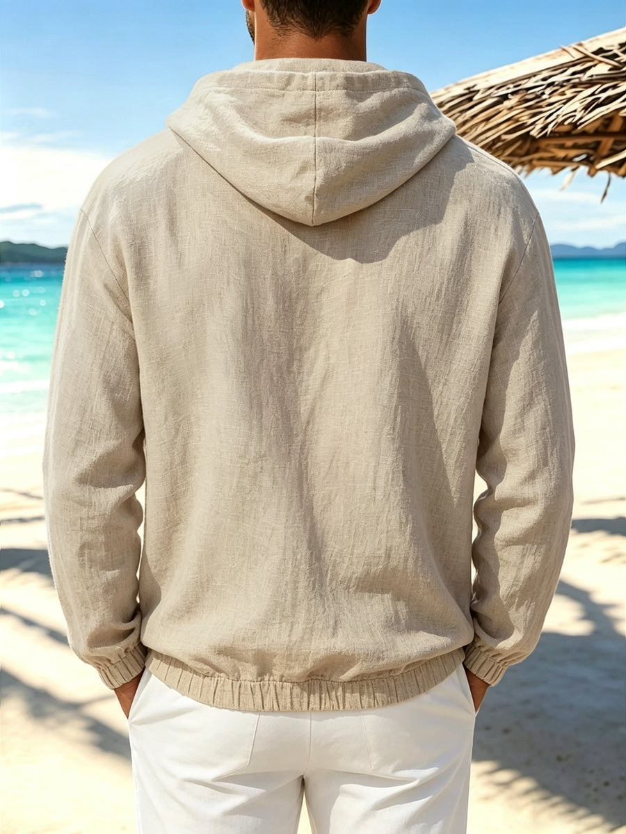 Men'S Autumn New Linen Print Hooded Drawstring Thin Loose Pocket Sweatshirt Comfortable Daily Commute Sports Fitness Casual Vacation Street Trendy Classic Style Literary Long Sleeve Hooded Top - Off-white