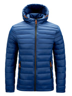 Men's Winter Padded Coat, Hooded Padded Top, Warm Quilted Jacket with Colorful Zipper Pockets - Blue