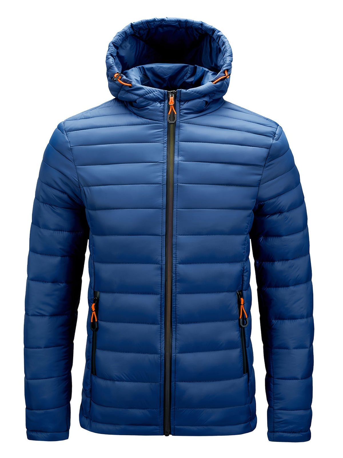 Men's Winter Padded Coat, Hooded Padded Top, Warm Quilted Jacket with Colorful Zipper Pockets - Blue