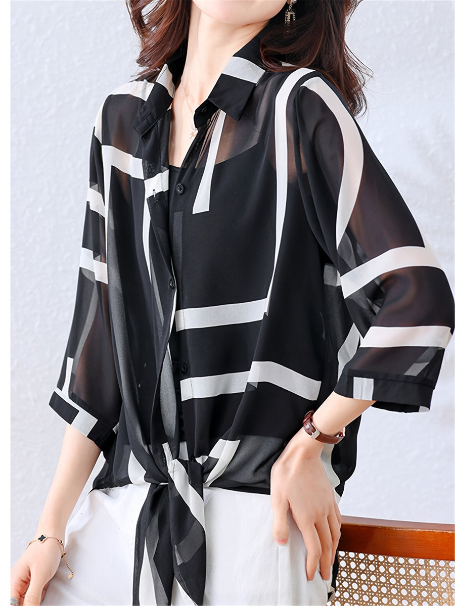 Elegant and Sophisticated Printed Striped Shirt Jacket - Black