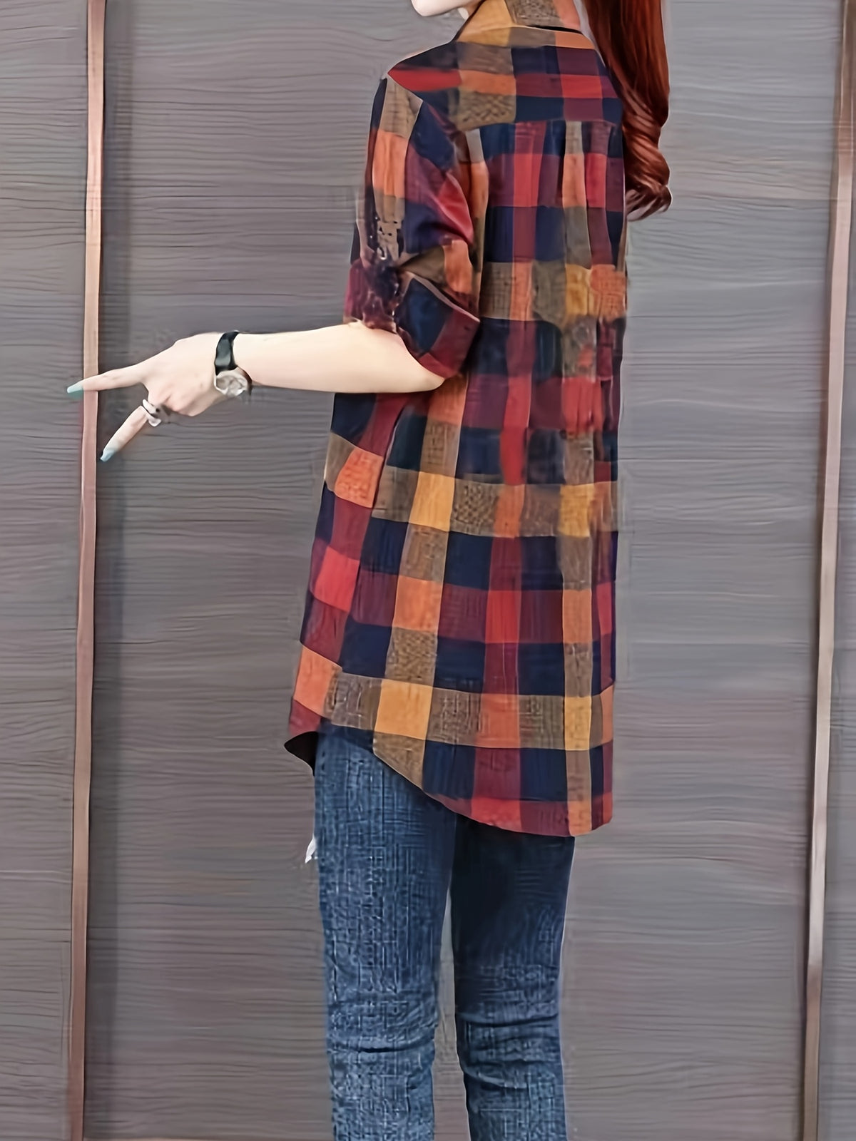 Spring and Autumn Fashion Long Plaid Shirt - Watermelon Red